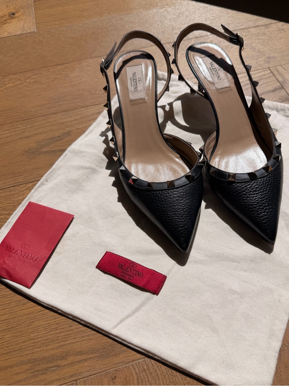 Valentino Black Leather Pointed Rockstud Slingback Pumps